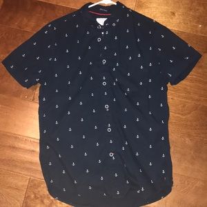 Navy blue short sleeve button up with anchors.